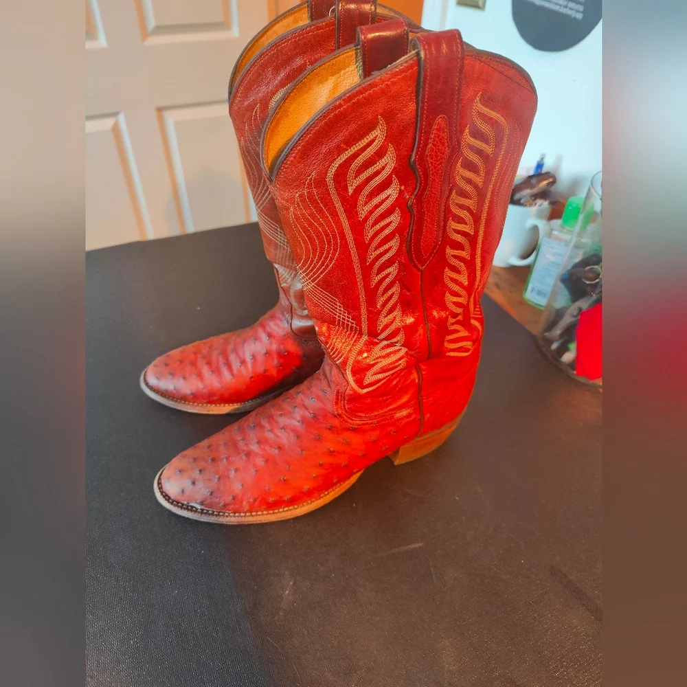 Tony Lama Men's Full Quilted Ostrich Cowboy Boots 9.5D Brown/Orange Color - Picture 7 of 7